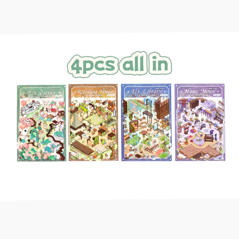 Miniature landscape stickers - Retro fairy tale cartoon 3D small house DIY notebook scene stickers
