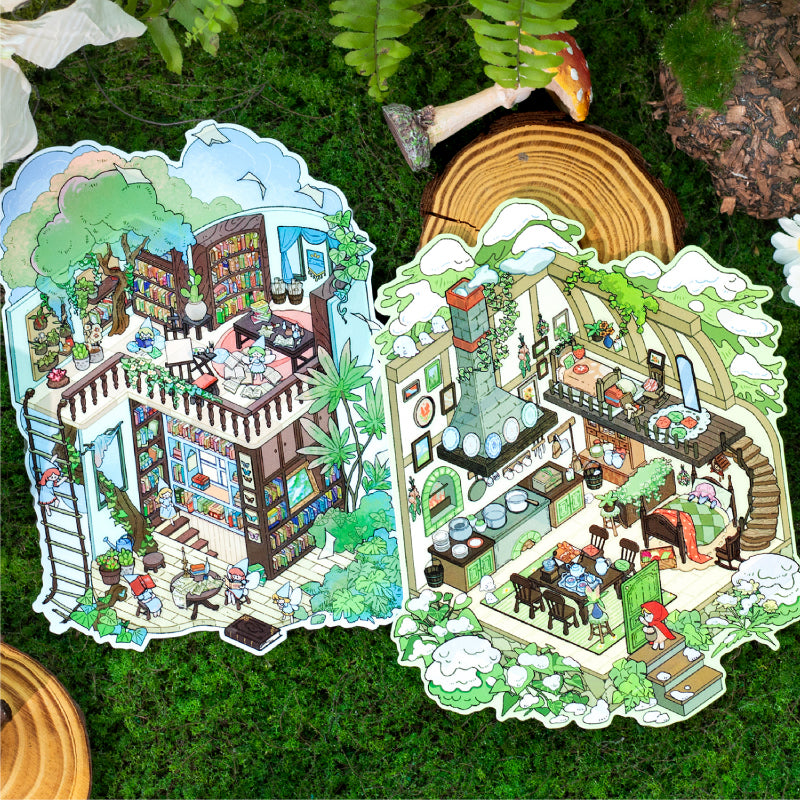 Miniature landscape stickers - Retro fairy tale cartoon 3D small house DIY notebook scene stickers
