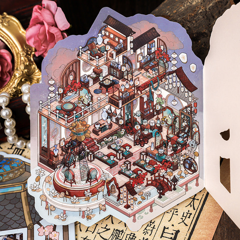 Fusheng Qinghuan Ancient Style Flip-Top Scenery-Sticker Set, 3D Stereoscopic Miniature House, for Notebook Decoration &amp; Creative DIY Scenery-Making