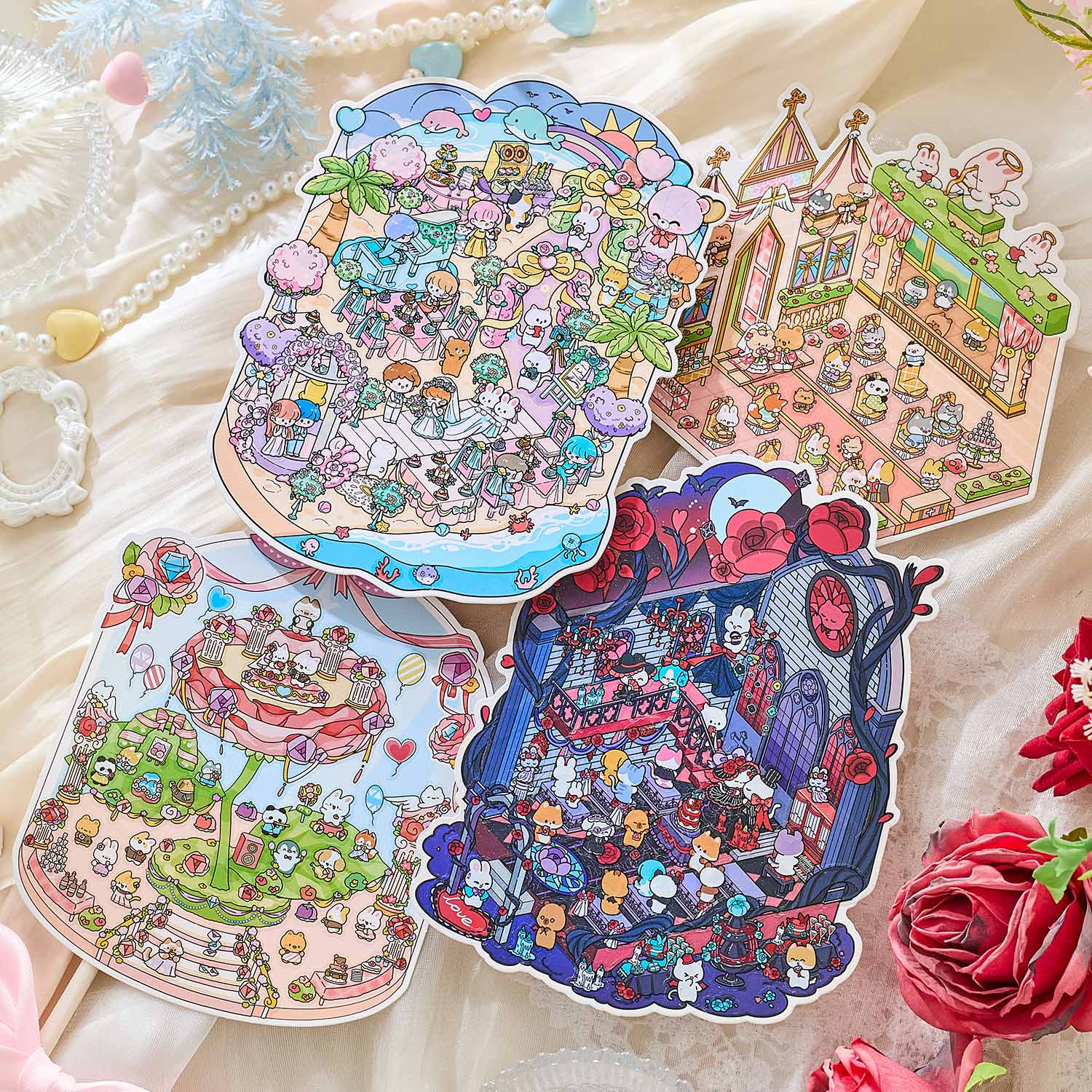 Fairy Tale Wedding Themed Scene-Making Sticker Set, Cute Character Scene Stickers, Creative DIY Materials for Journal Decoration and Collage