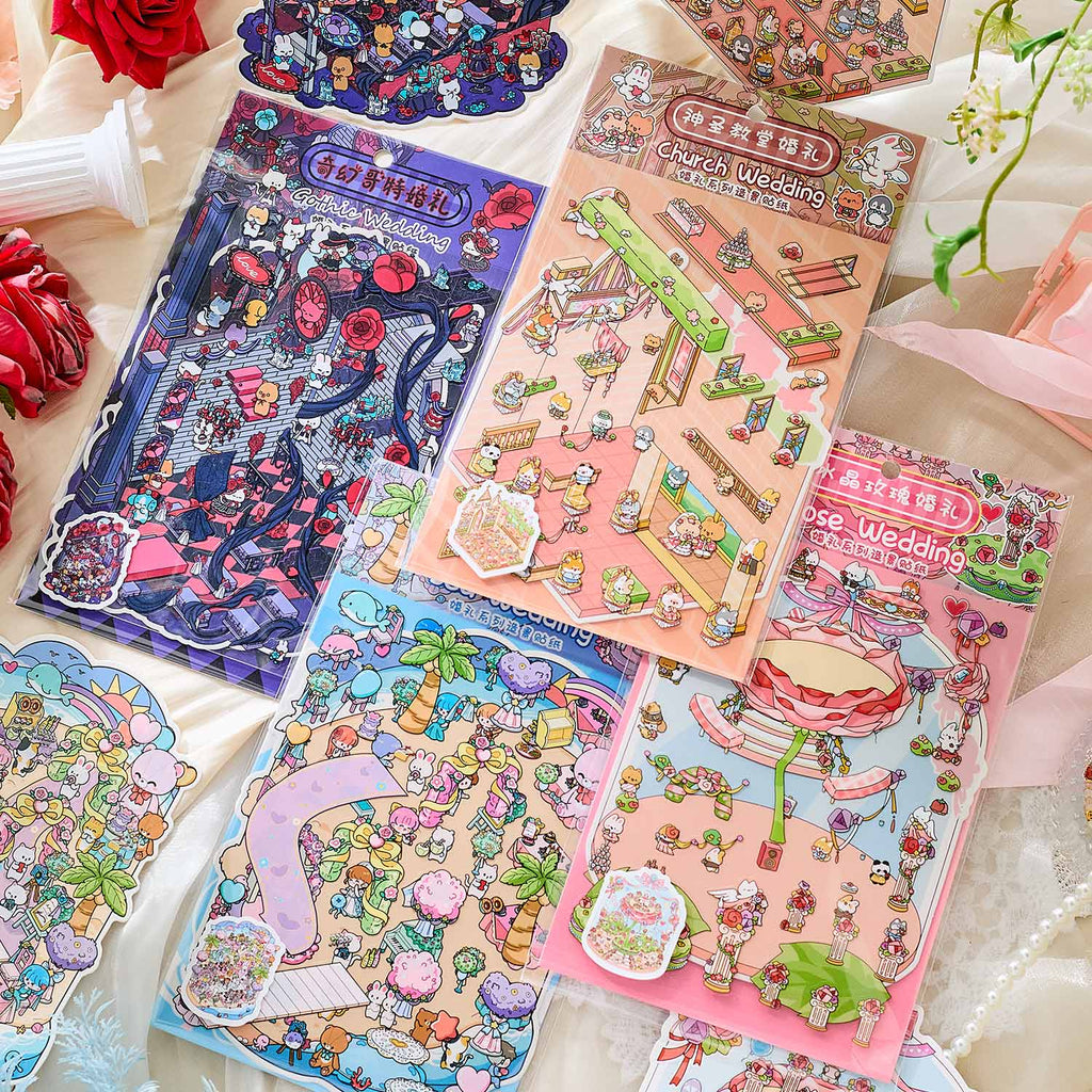 Fairy Tale Wedding Themed Scene-Making Sticker Set, Cute Character Scene Stickers, Creative DIY Materials for Journal Decoration and Collage