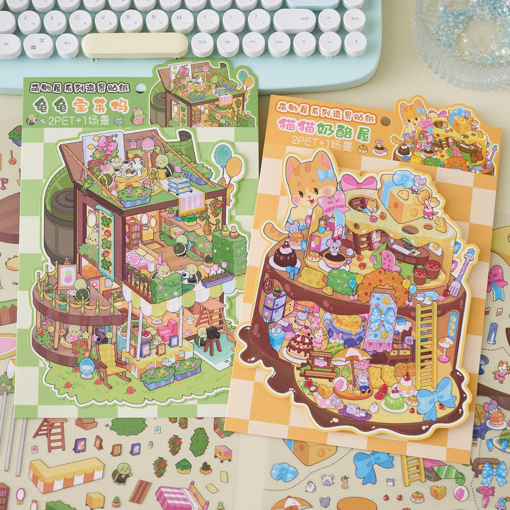 Cute Cute Creature Cottage Stickers, 3D Creative Immersive Scene-Making Stickers