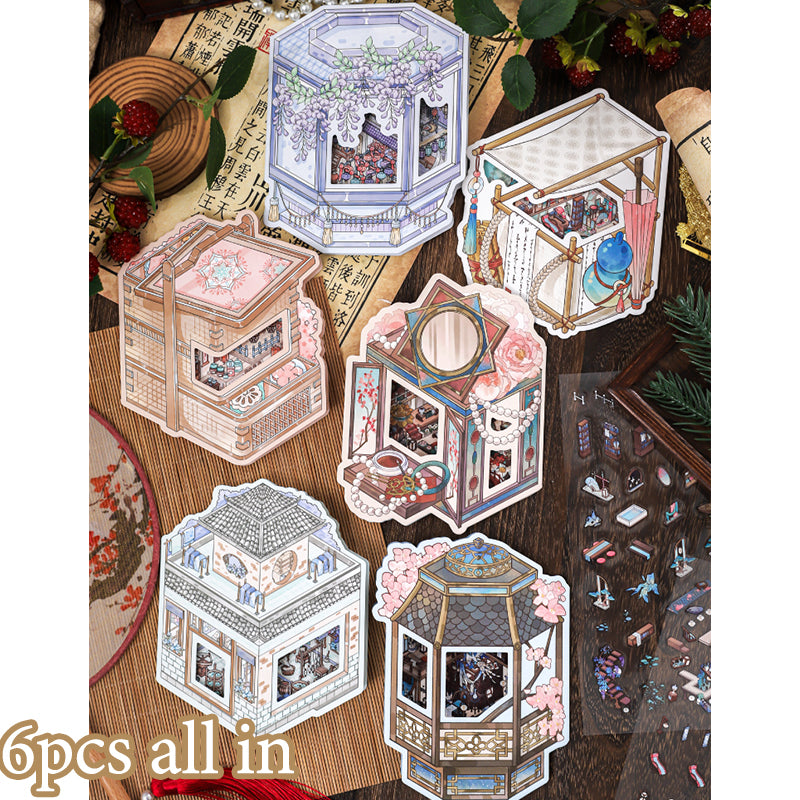 Fusheng Qinghuan Ancient Style Flip-Top Scenery-Sticker Set, 3D Stereoscopic Miniature House, for Notebook Decoration &amp; Creative DIY Scenery-Making
