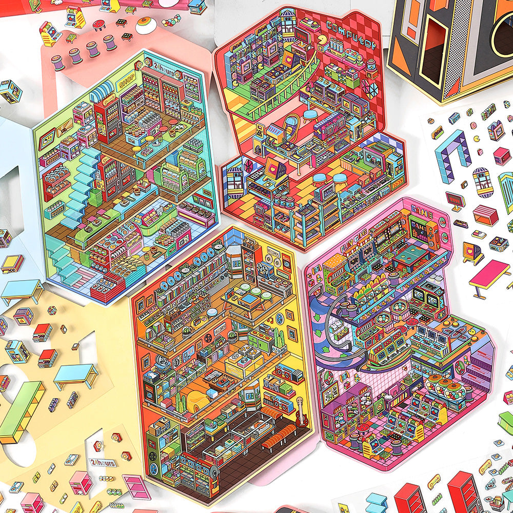 DIY 2.5D Diorama Stickers – Colorful Miniature Commercial Scene Stickers