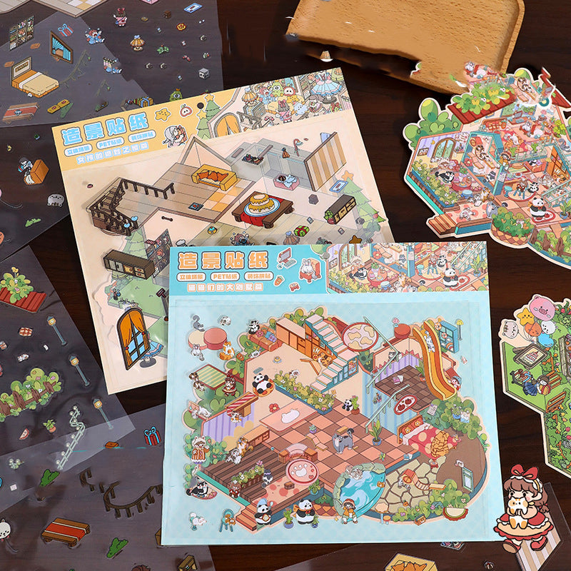 Oversized Cute 3D Landscape Stickers ,Adorable Animal Cottage Scrapbook Supplies ,DIY Creative Journal Decoration Stickers