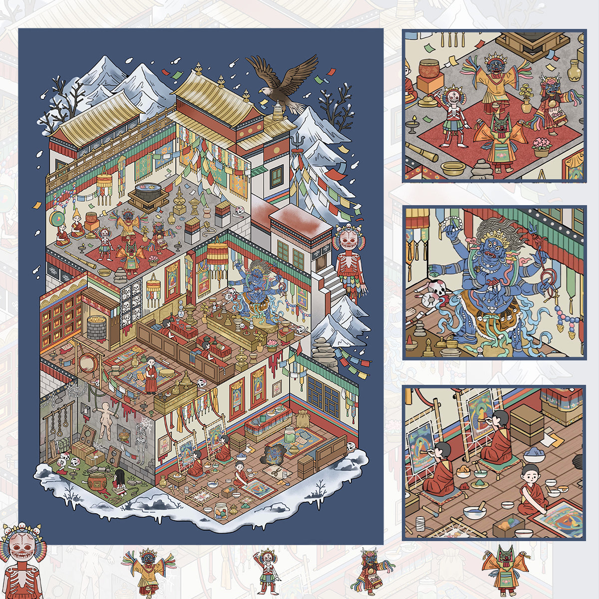 Chinese style stickers, adult stickers, dark retro style 3D scene stickers.