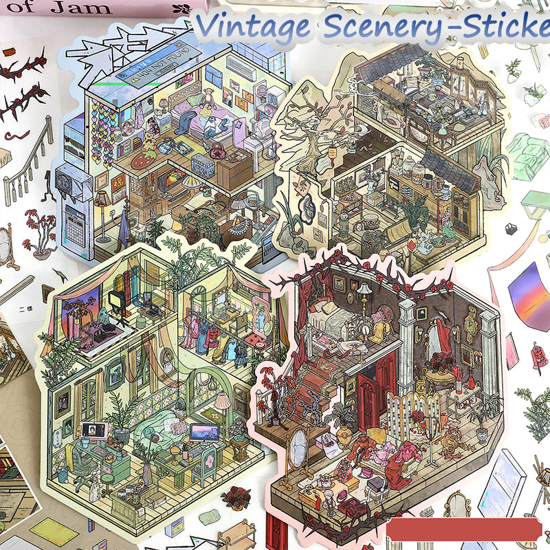 Vintage 3D House Scene Stickers, DIY Miniature Creative Art Fun Collage Stickers for Immersive Home Micro-World Decoration