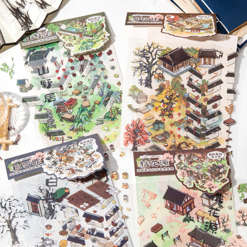 Chinese-Style Scene Stickers, Fun Collage 3D Chinese-Style Miniature Landscapes, Creative DIY Scenery Decoration