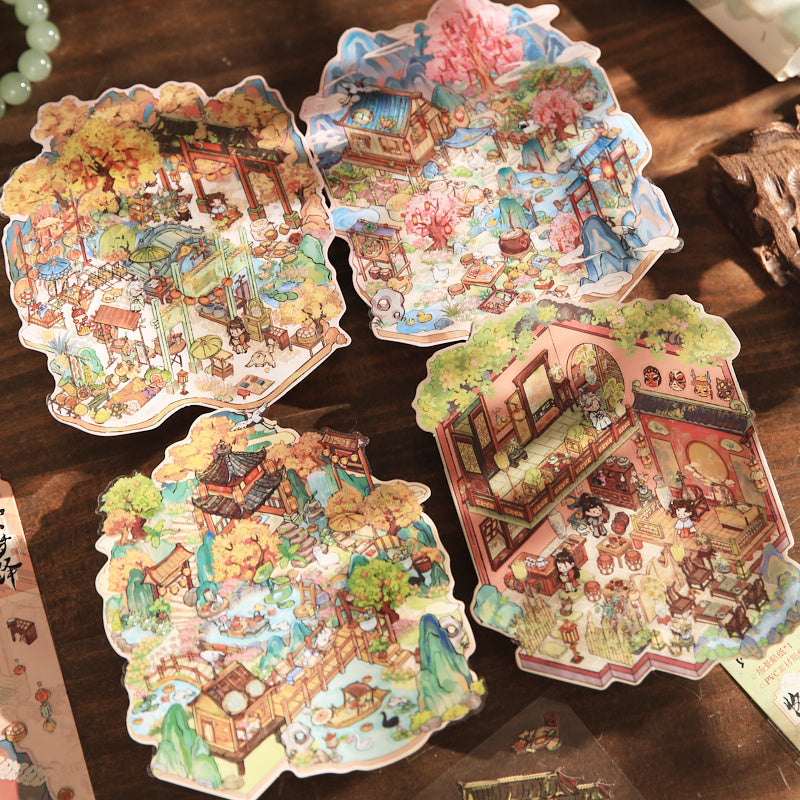 Decoration stickers, Chinese style scenes, funny garbage magazine stickers