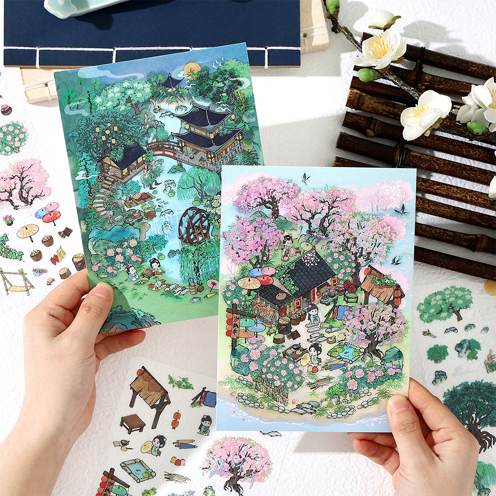 Chinese-Style Scene Scenery-Making Sticker Set - Immersive Creative DIY Notebook Decoration, Ancient-Style 3D Collage Materials