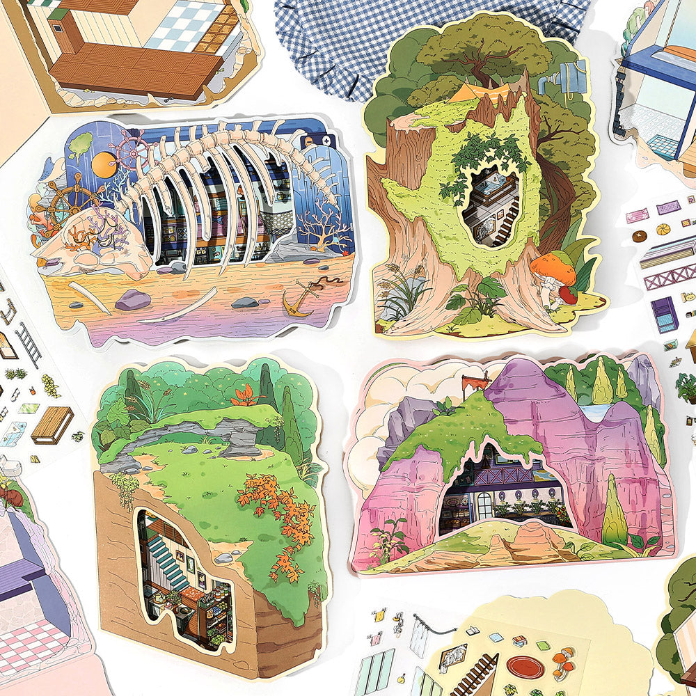 3D Scene Collage Material Set - Fantasy Multi-Layered Miniature World, Creative DIY Notebook Decoration, Fairy-Tale Style 3D Scenery-Making Supplies