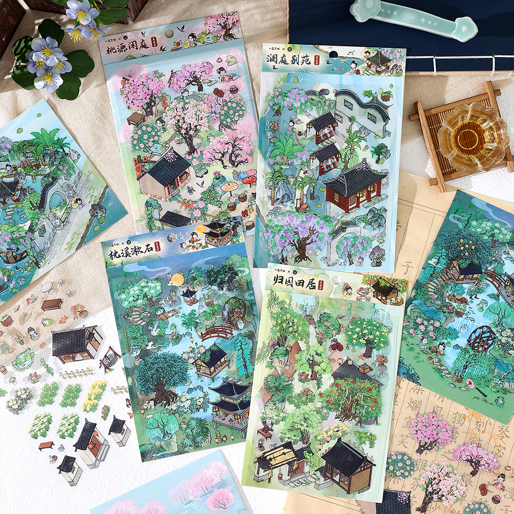 Chinese-Style Scene Scenery-Making Sticker Set - Immersive Creative DIY Notebook Decoration, Ancient-Style 3D Collage Materials