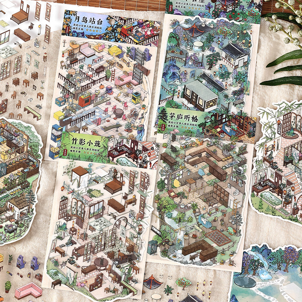 Chinese-Style Landscape Garden Scenery-Making Stickers, Creative DIY Notebook Decoration Multi-Layer 3D Collage Materials