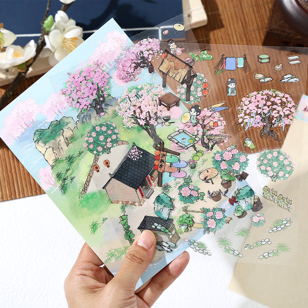 Chinese-Style Scene Scenery-Making Sticker Set - Immersive Creative DIY Notebook Decoration, Ancient-Style 3D Collage Materials