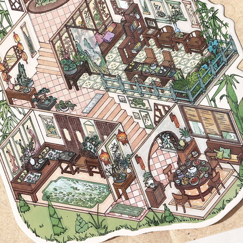 Chinese-Style Landscape Garden Scenery-Making Stickers, Creative DIY Notebook Decoration Multi-Layer 3D Collage Materials