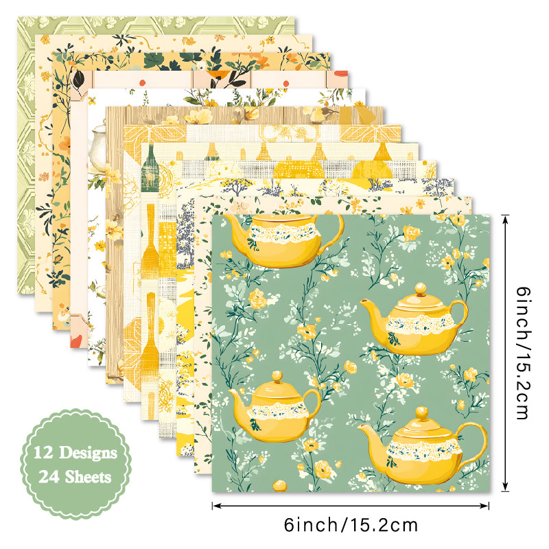 24 colorful tea cup pattern cards, suitable for DIY notebook making, and also for greeting cards