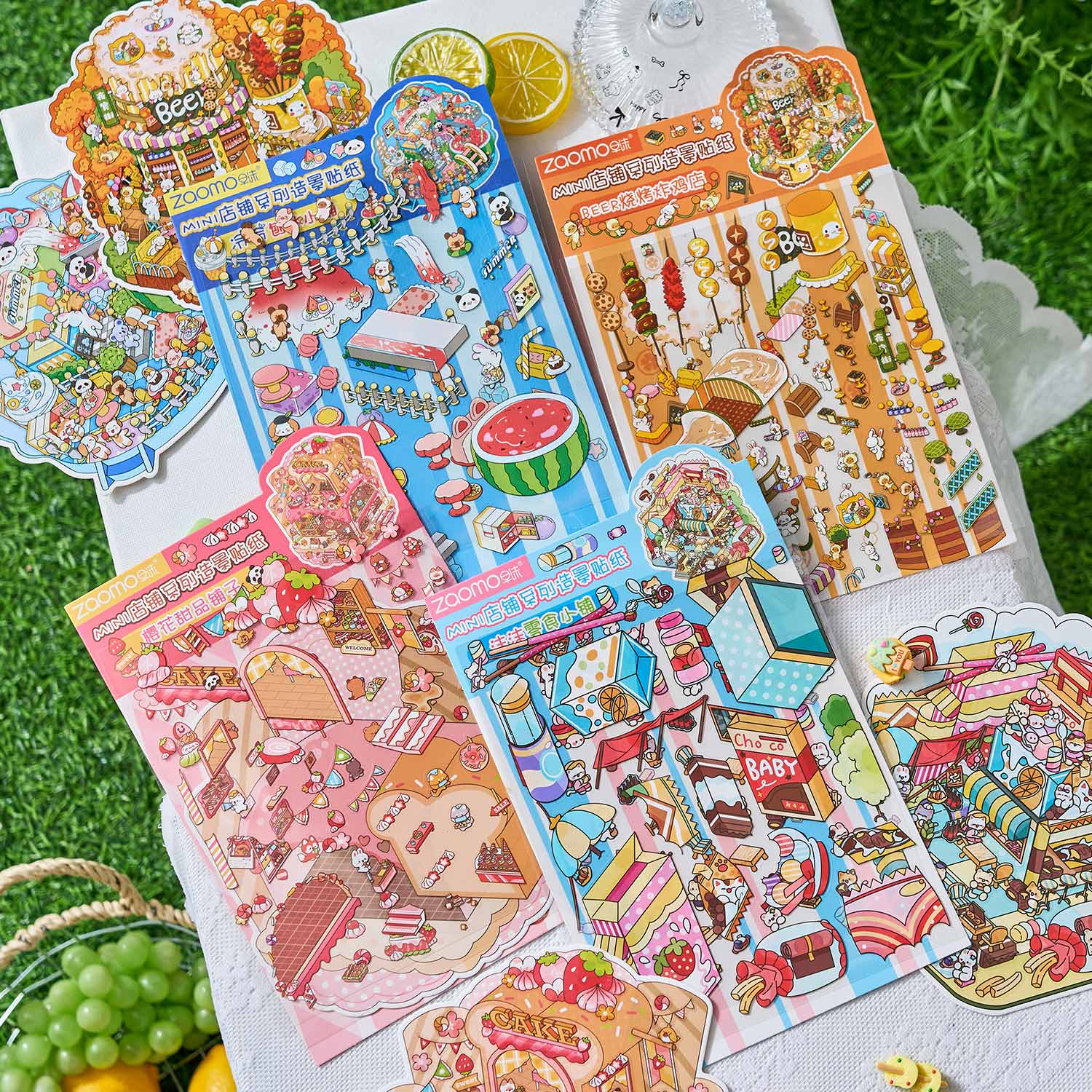 Pegatinas de dioramas de comida callejera, pegatinas de cuentas, pegatinas antiestrés hechas a mano, escenas en miniatura 3D