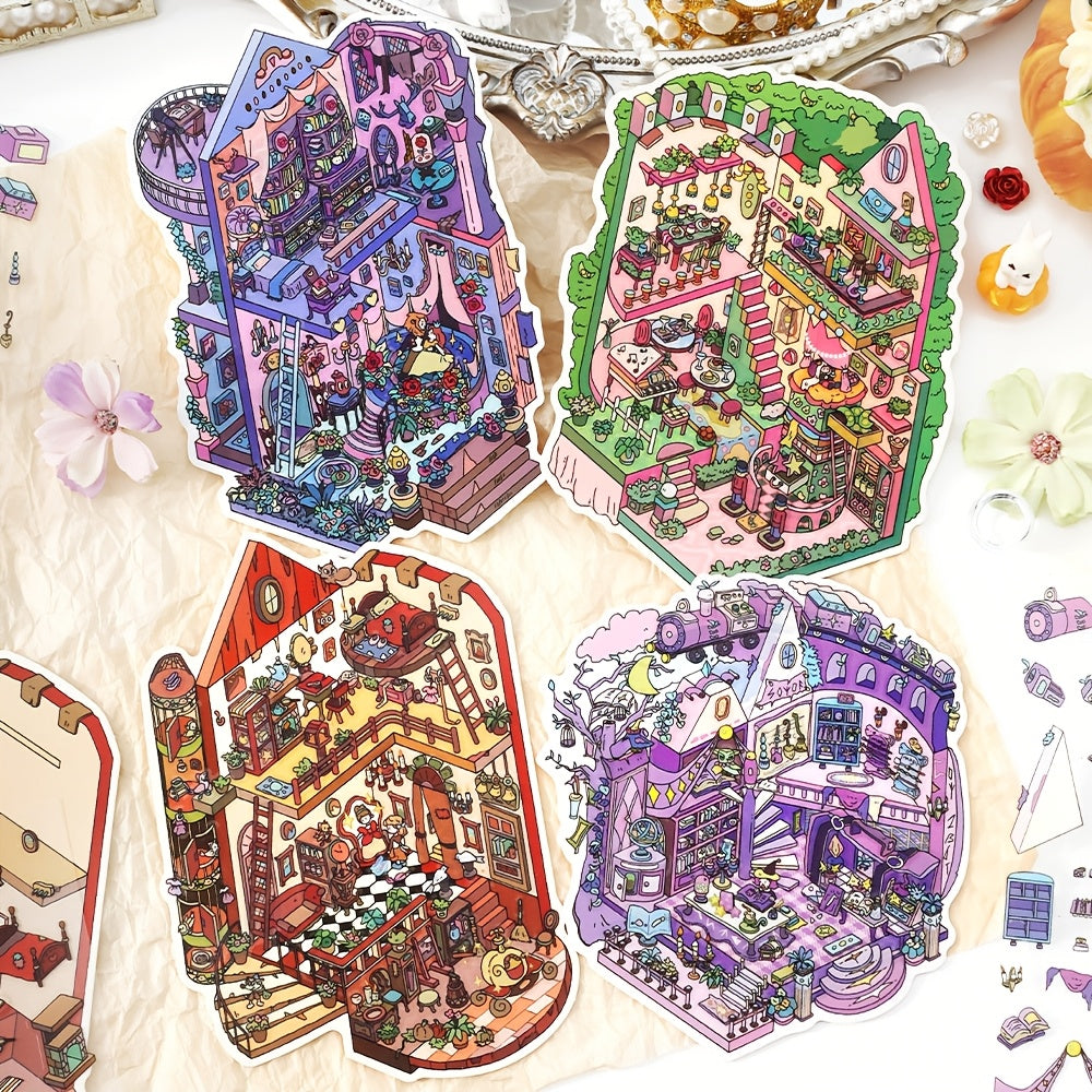 Fairy-Tale Style 3D Scene Collage Sticker Set - Multi-Layered Fantasy Cottage, Creative DIY Notebook Decoration 3D Scenery-Making Supplies