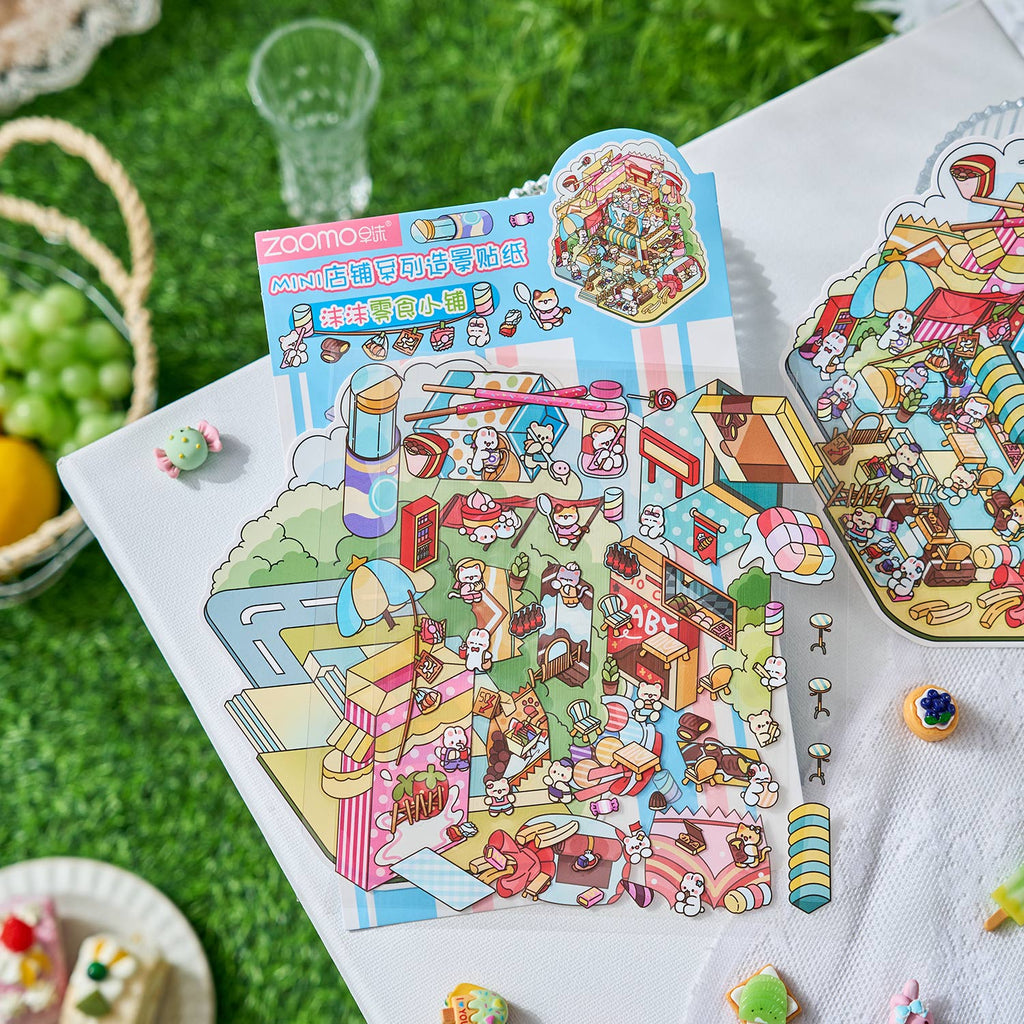 Pegatinas de dioramas de comida callejera, pegatinas de cuentas, pegatinas antiestrés hechas a mano, escenas en miniatura 3D