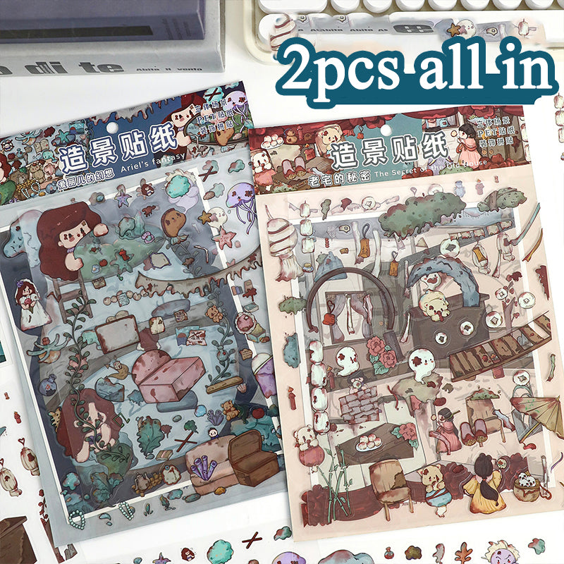 Slightly Spooky Cute Cartoon-Style Scenery Stickers, Creative Art Collage Fun Stickers