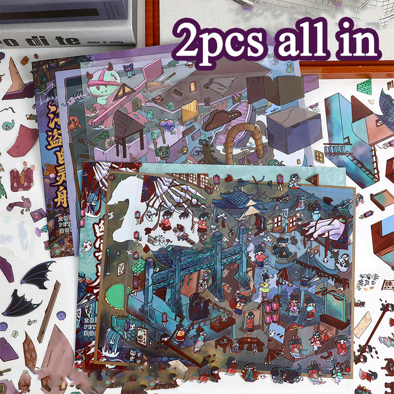 Yilan Slightly Spooky Themed Scenery Stickers, Creative Bullet Journal Decoration Stickers for Immersive Miniature Horror World