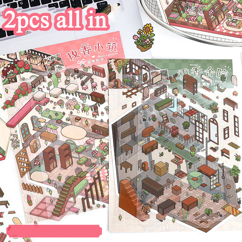 Floral Cottage Landscape Stickers, DIY Mini Courtyard Miniature Scene Collage Toys