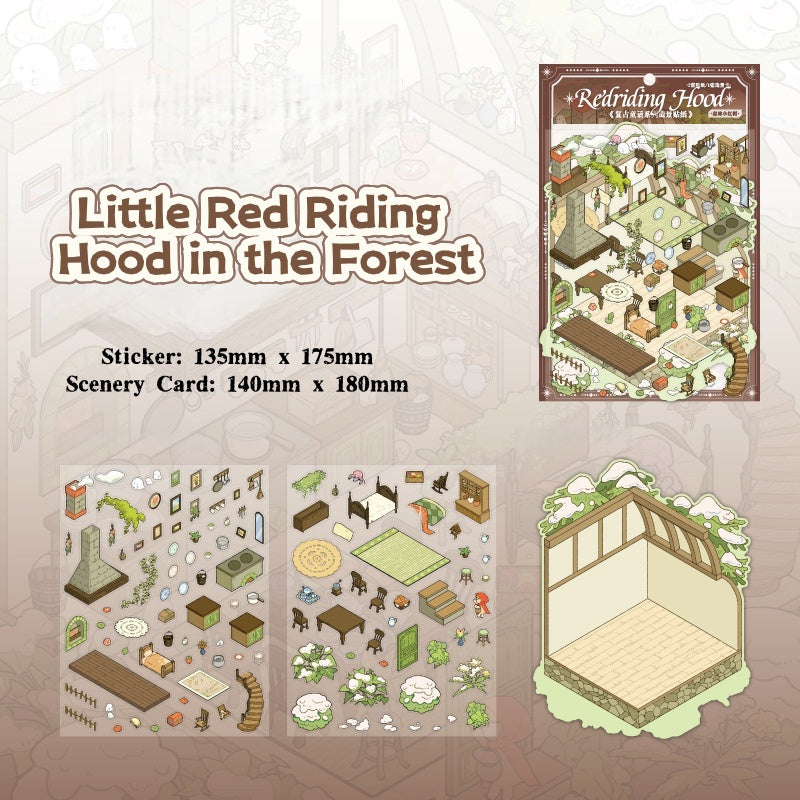 Miniature landscape stickers - Retro fairy tale cartoon 3D small house DIY notebook scene stickers