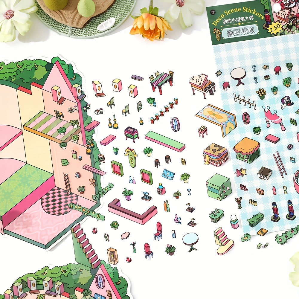 Fairy-Tale Style 3D Scene Collage Sticker Set - Multi-Layered Fantasy Cottage, Creative DIY Notebook Decoration 3D Scenery-Making Supplies