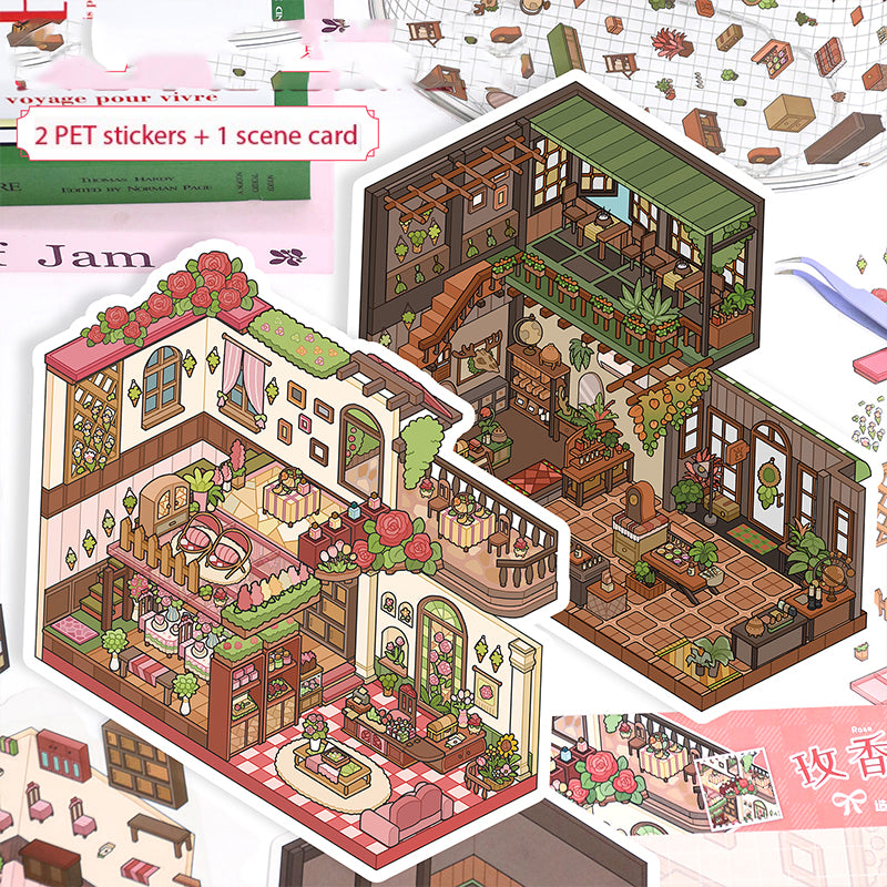 Floral Cottage Landscape Stickers, DIY Mini Courtyard Miniature Scene Collage Toys