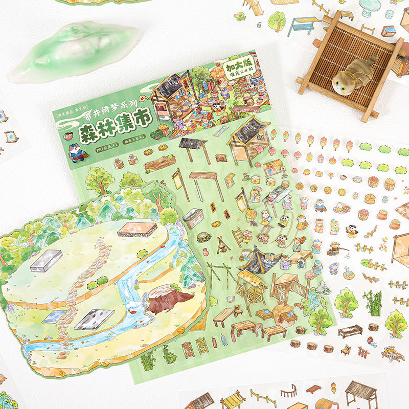 Serie Jing Qimeng: pegatinas de paisajes de gran tamaño, pegatinas creativas 3D con escenas DIY para scrapbooking.