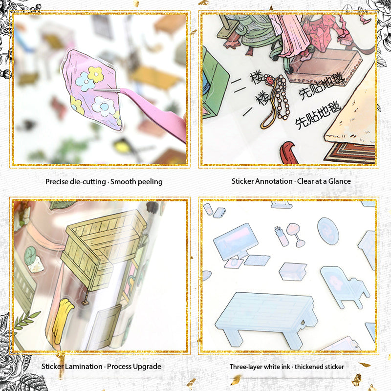 Vintage 3D House Scene Stickers, DIY Miniature Creative Art Fun Collage Stickers for Immersive Home Micro-World Decoration