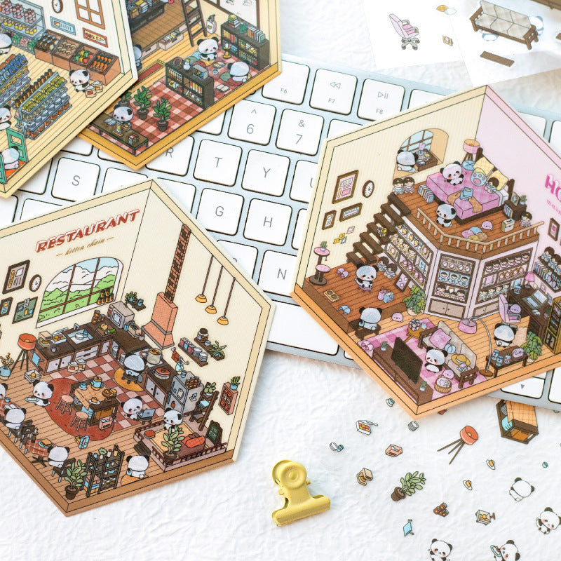 Cute Panda Scene 3D Landscape Stickers - Adorable Scrapbooking &amp; Diorama Decoration Supplies