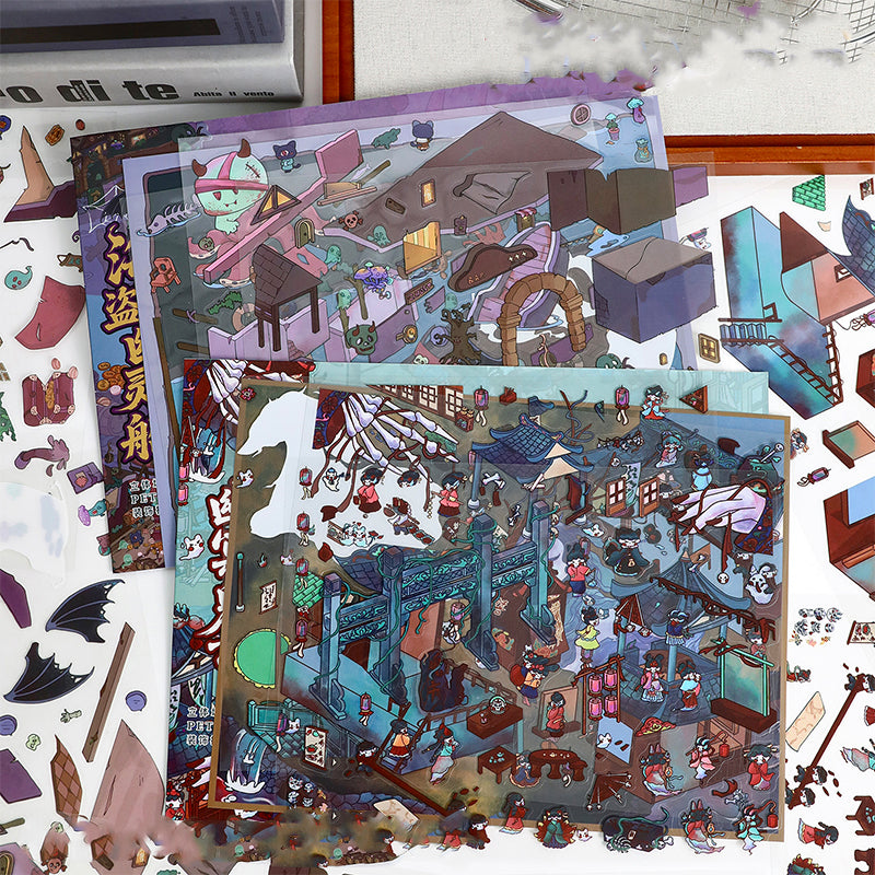 Yilan Slightly Spooky Themed Scenery Stickers, Creative Bullet Journal Decoration Stickers for Immersive Miniature Horror World