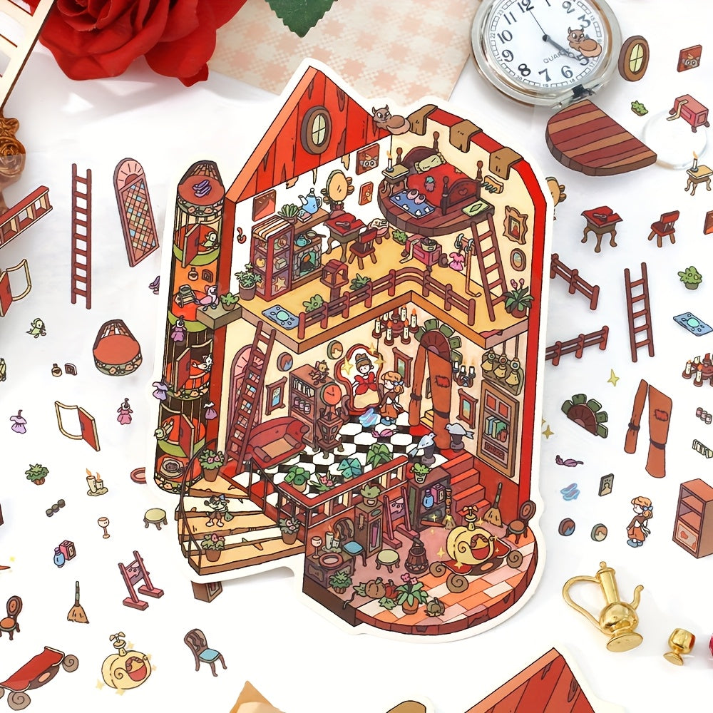 Fairy-Tale Style 3D Scene Collage Sticker Set - Multi-Layered Fantasy Cottage, Creative DIY Notebook Decoration 3D Scenery-Making Supplies