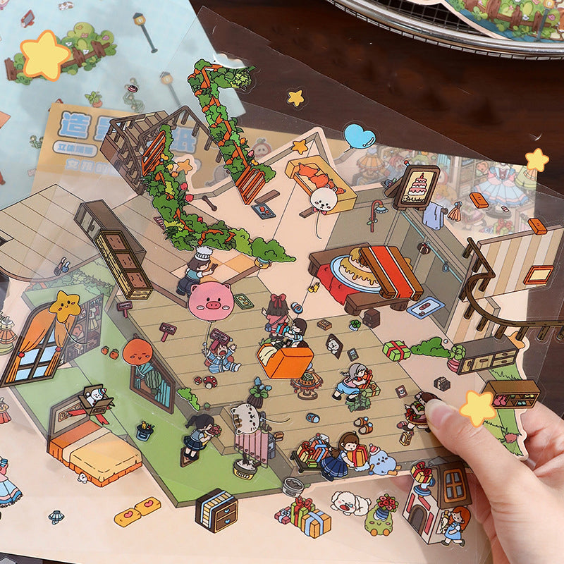 Oversized Cute 3D Landscape Stickers ,Adorable Animal Cottage Scrapbook Supplies ,DIY Creative Journal Decoration Stickers