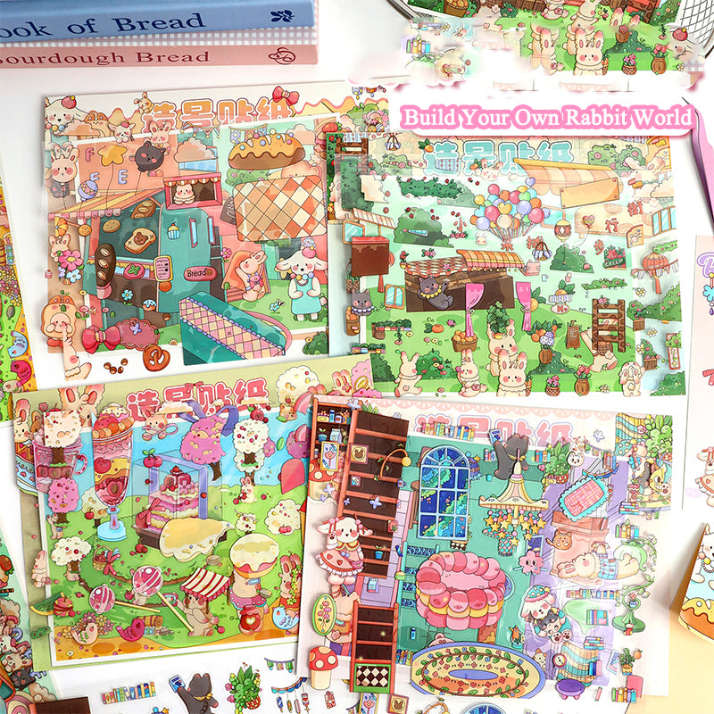 Cute Rabbit-Themed Landscape Stickers, Build a Rabbit World, Creative Journal Decoration Collage with Playful Stickers