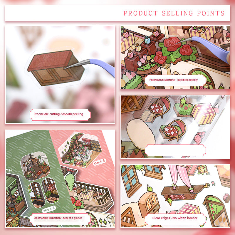 Floral Cottage Landscape Stickers, DIY Mini Courtyard Miniature Scene Collage Toys