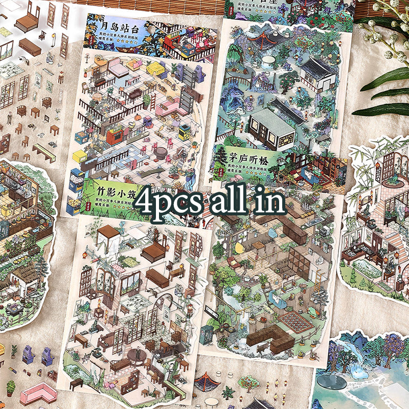 Chinese-Style Landscape Garden Scenery-Making Stickers, Creative DIY Notebook Decoration Multi-Layer 3D Collage Materials