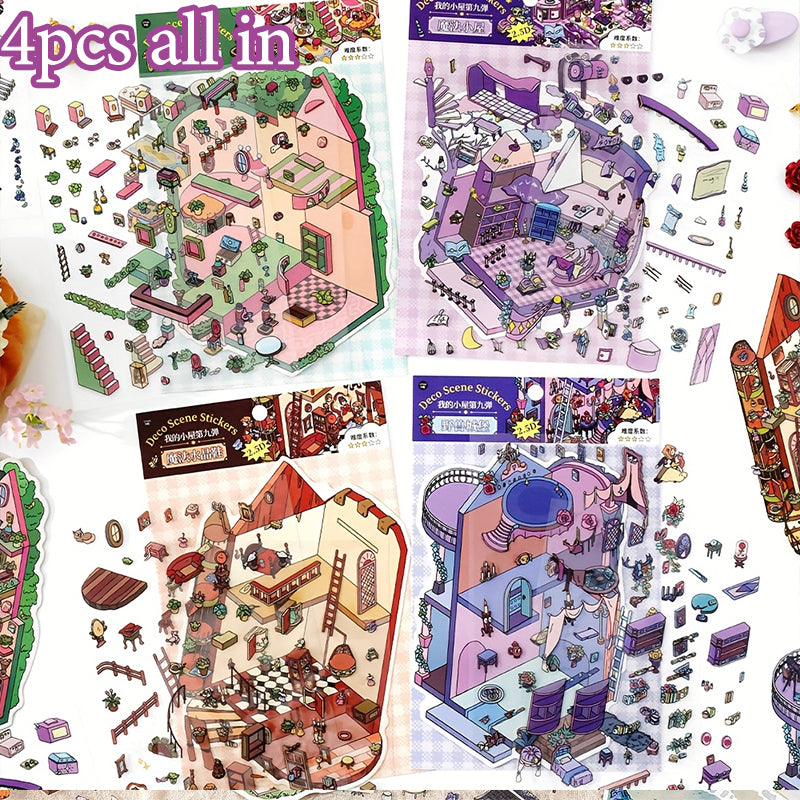 Fairy-Tale Style 3D Scene Collage Sticker Set - Multi-Layered Fantasy Cottage, Creative DIY Notebook Decoration 3D Scenery-Making Supplies