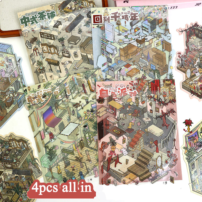 Vintage 3D House Scene Stickers, DIY Miniature Creative Art Fun Collage Stickers for Immersive Home Micro-World Decoration