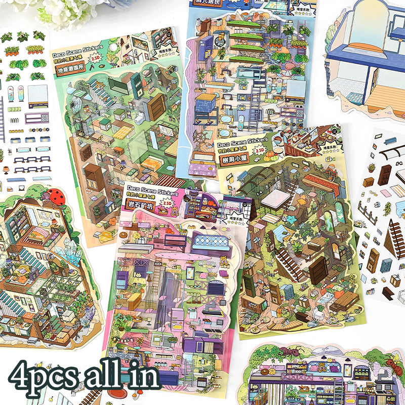 3D Scene Collage Material Set - Fantasy Multi-Layered Miniature World, Creative DIY Notebook Decoration, Fairy-Tale Style 3D Scenery-Making Supplies