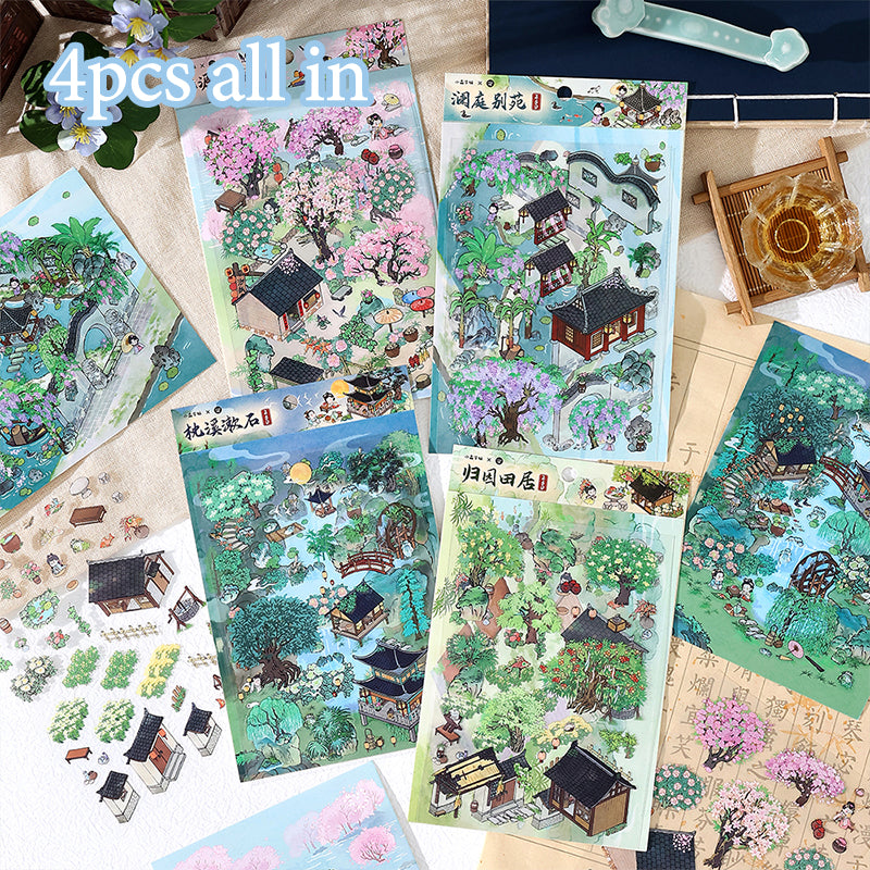 Chinese-Style Scene Scenery-Making Sticker Set - Immersive Creative DIY Notebook Decoration, Ancient-Style 3D Collage Materials