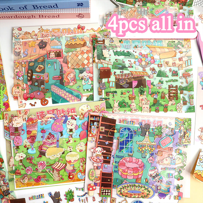Cute Rabbit-Themed Landscape Stickers, Build a Rabbit World, Creative Journal Decoration Collage with Playful Stickers