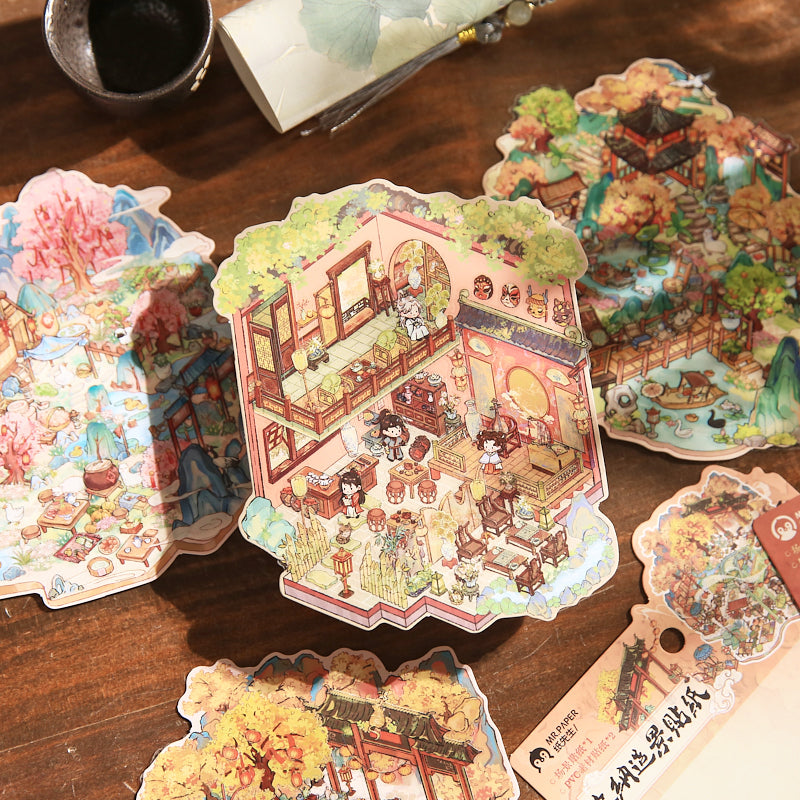 Decoration stickers, Chinese style scenes, funny garbage magazine stickers