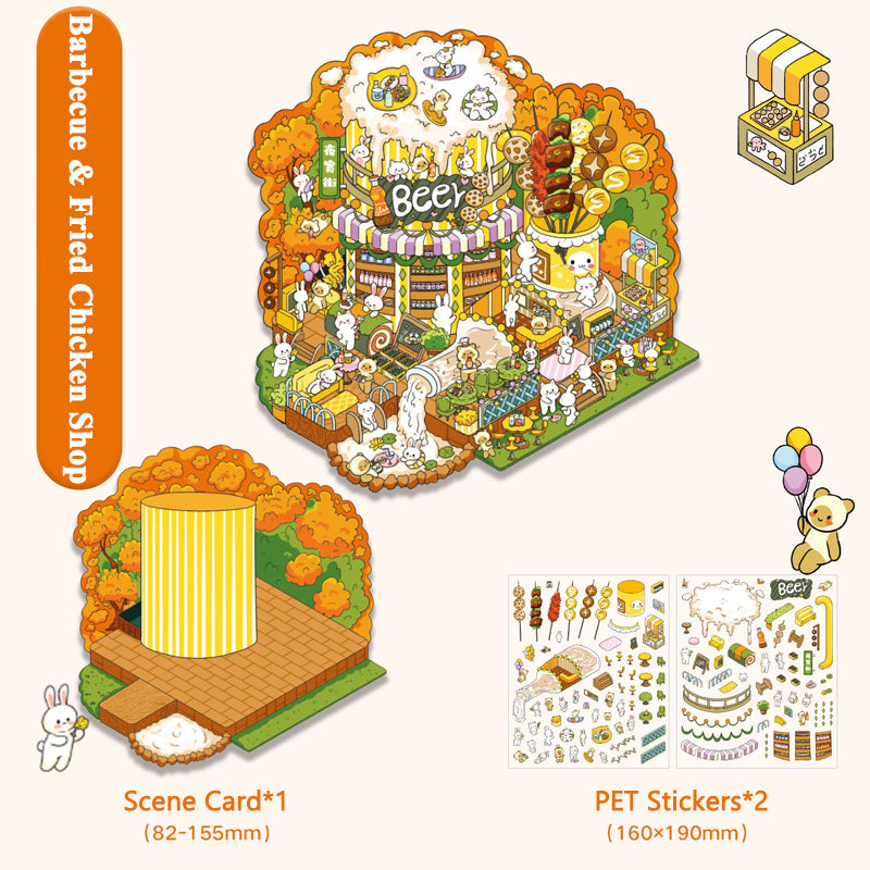 Pegatinas de dioramas de comida callejera, pegatinas de cuentas, pegatinas antiestrés hechas a mano, escenas en miniatura 3D