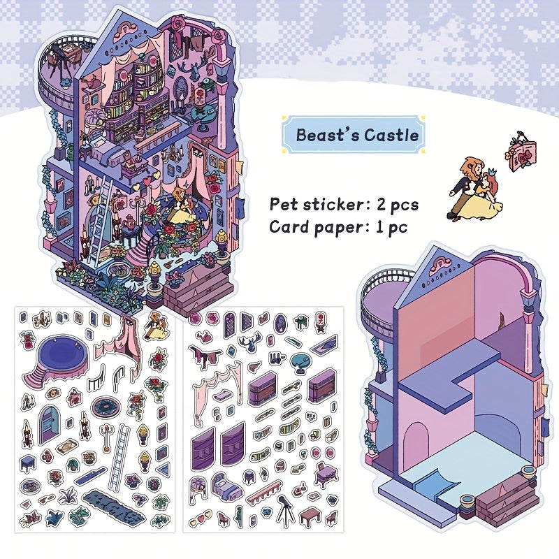 Fairy-Tale Style 3D Scene Collage Sticker Set - Multi-Layered Fantasy Cottage, Creative DIY Notebook Decoration 3D Scenery-Making Supplies