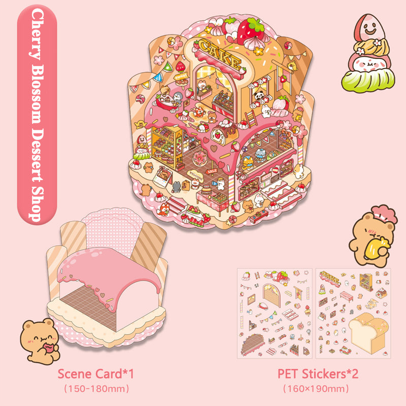 Pegatinas de dioramas de comida callejera, pegatinas de cuentas, pegatinas antiestrés hechas a mano, escenas en miniatura 3D