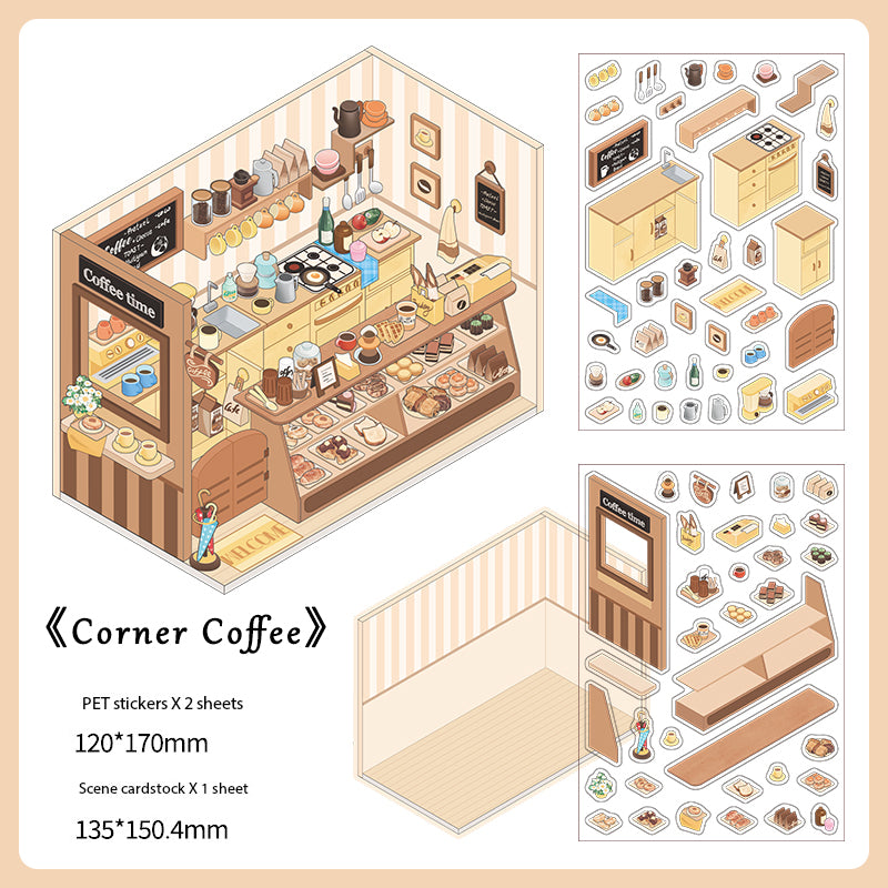 Miniature Scene Corner Shop Theme Sticker Set – 3D Hut Diorama Stickers
