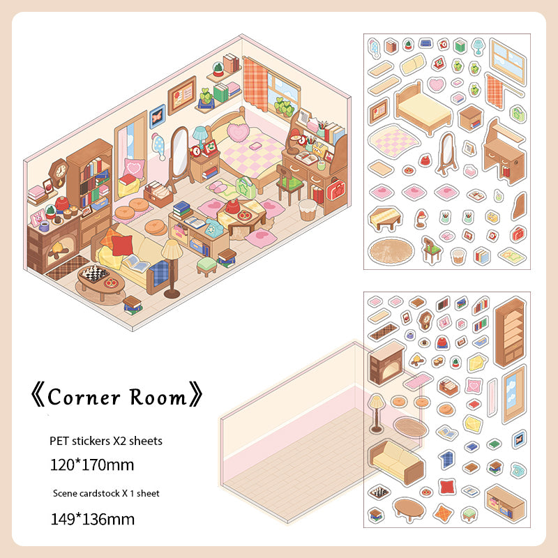 Miniature Scene Corner Shop Theme Sticker Set – 3D Hut Diorama Stickers