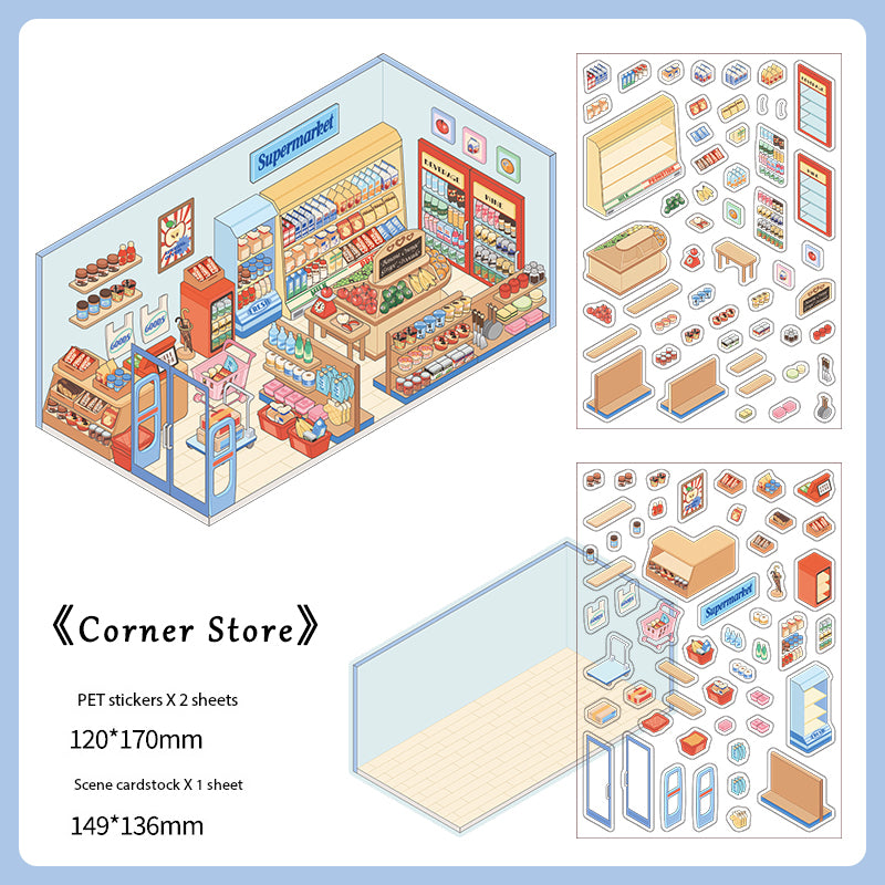 Miniature Scene Corner Shop Theme Sticker Set – 3D Hut Diorama Stickers